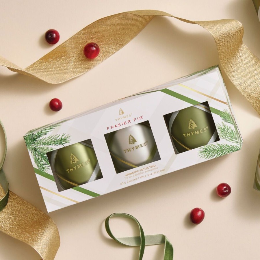 Home Fragrance Thymes | Frasier Fir Frosted Plaid Votive Trio