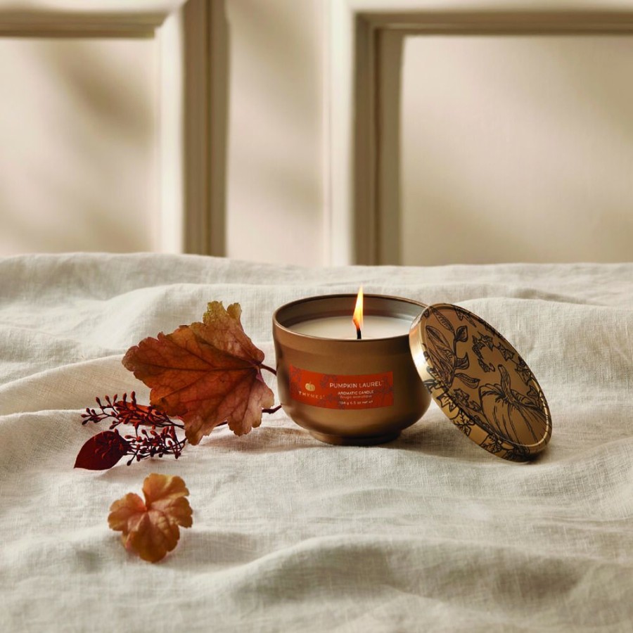 Home Fragrance Thymes | Pumpkin Laurel Poured Candle Tin, Gold Lid